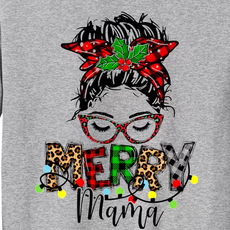 Merry Mama Christmas Messy Bun Ladies Red Plaid Leopard Gift Tall Sweatshirt