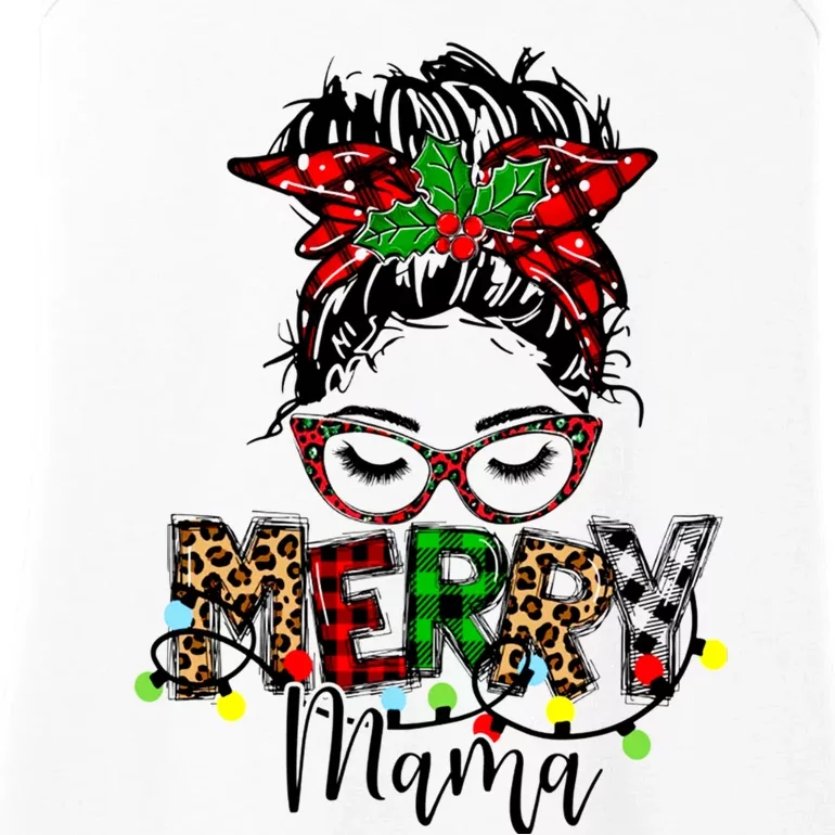 Merry Mama Christmas Messy Bun Ladies Red Plaid Leopard Gift Ladies Essential Tank