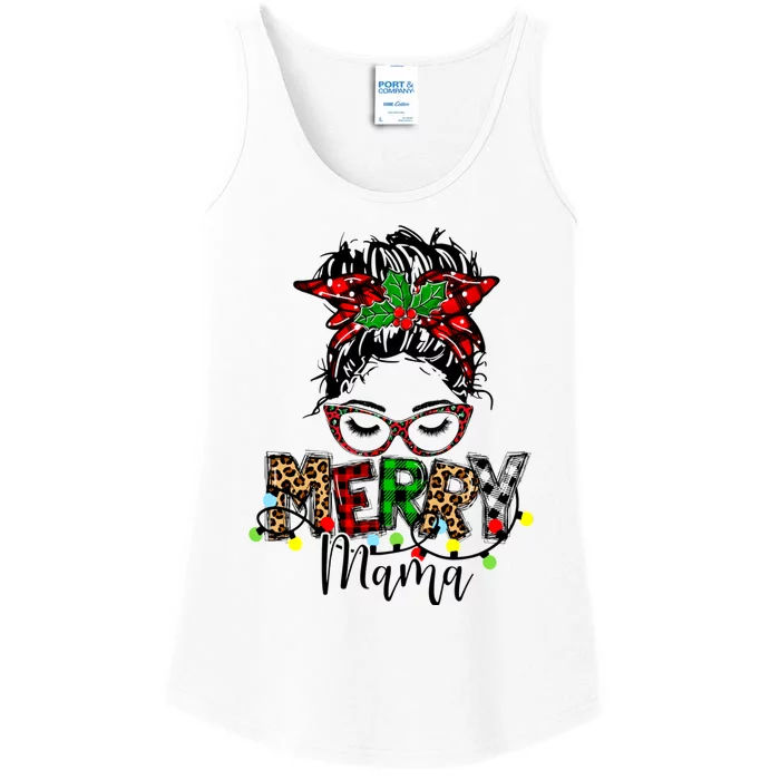 Merry Mama Christmas Messy Bun Ladies Red Plaid Leopard Gift Ladies Essential Tank