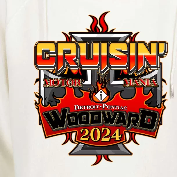 Motor Mania Cruisin Woodward 2024 Detroit To Pontiac Womens Funnel Neck Pullover Hood