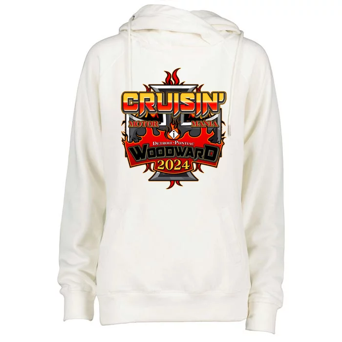 Motor Mania Cruisin Woodward 2024 Detroit To Pontiac Womens Funnel Neck Pullover Hood