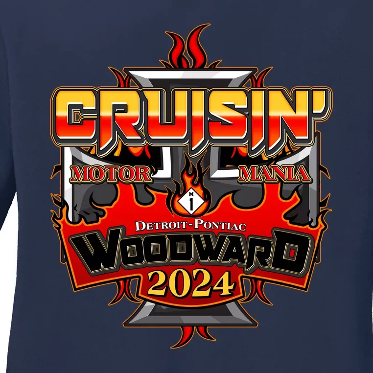 Motor Mania Cruisin Woodward 2024 Detroit To Pontiac Ladies Long Sleeve Shirt