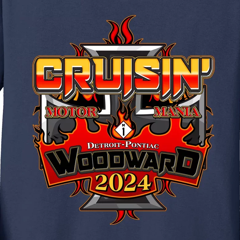 Motor Mania Cruisin Woodward 2024 Detroit To Pontiac Kids Long Sleeve Shirt