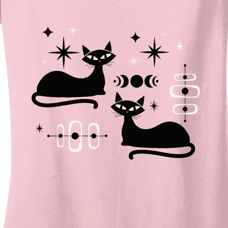 Midcentury Mid Century Cat Retro Atomic Age Space Modern Women's V-Neck T-Shirt