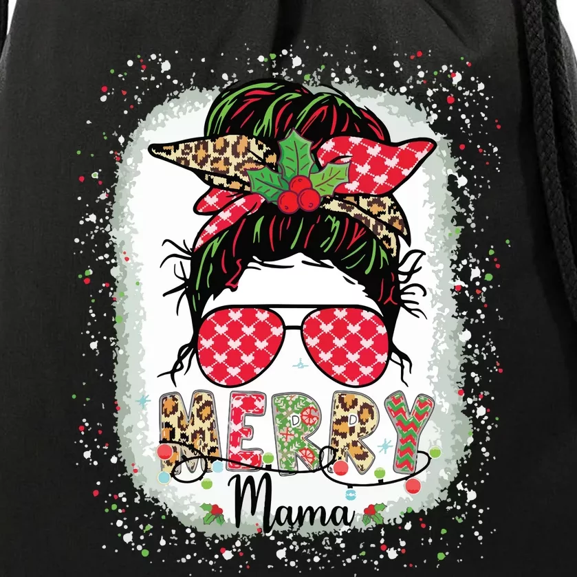 Merry Mama Christmas Mom Life Messy Bun Plaid Leopard Xmas Drawstring Bag