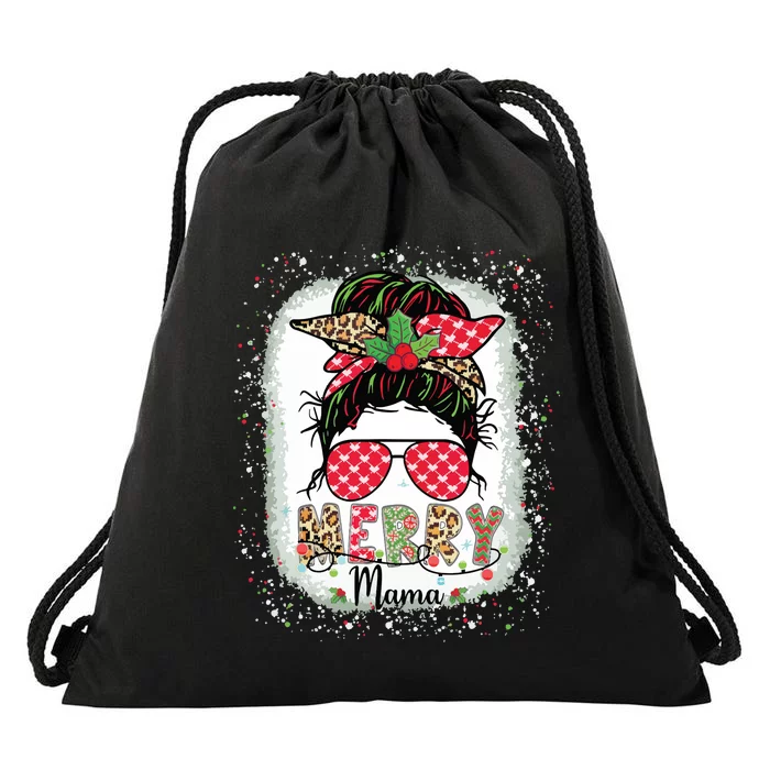 Merry Mama Christmas Mom Life Messy Bun Plaid Leopard Xmas Drawstring Bag