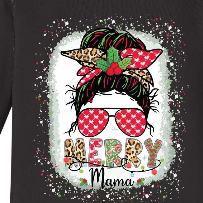 Merry Mama Christmas Mom Life Messy Bun Plaid Leopard Xmas Baby Long Sleeve Bodysuit