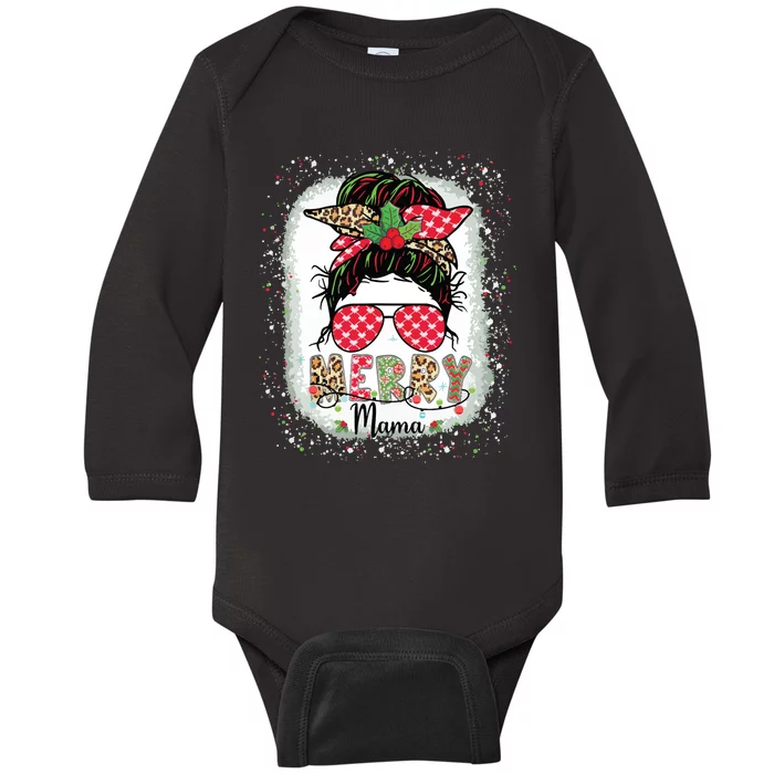 Merry Mama Christmas Mom Life Messy Bun Plaid Leopard Xmas Baby Long Sleeve Bodysuit