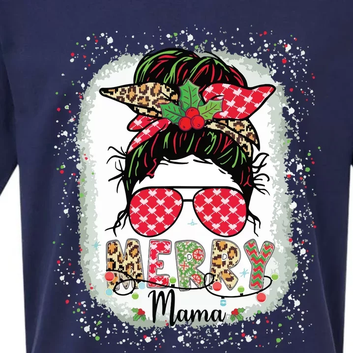 Merry Mama Christmas Mom Life Messy Bun Plaid Leopard Xmas Sueded Cloud Jersey T-Shirt