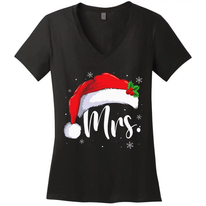 Mr Mrs Claus Christmas Couples Matching His And Her Pajamas Women's V-Neck T-Shirt