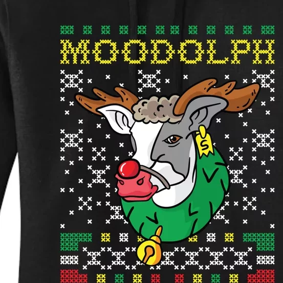 Moodolph Moo Cow Reindeer Ugly Christmas Farmer Women's Pullover Hoodie