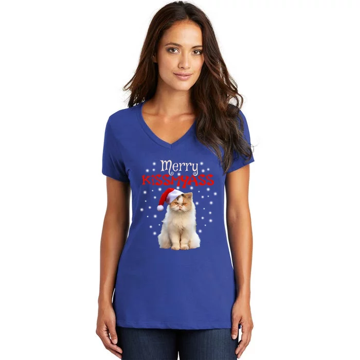 Merry Myass Cagift Cute Cat With Christmas Santa Hat Cute Gift Women's V-Neck T-Shirt