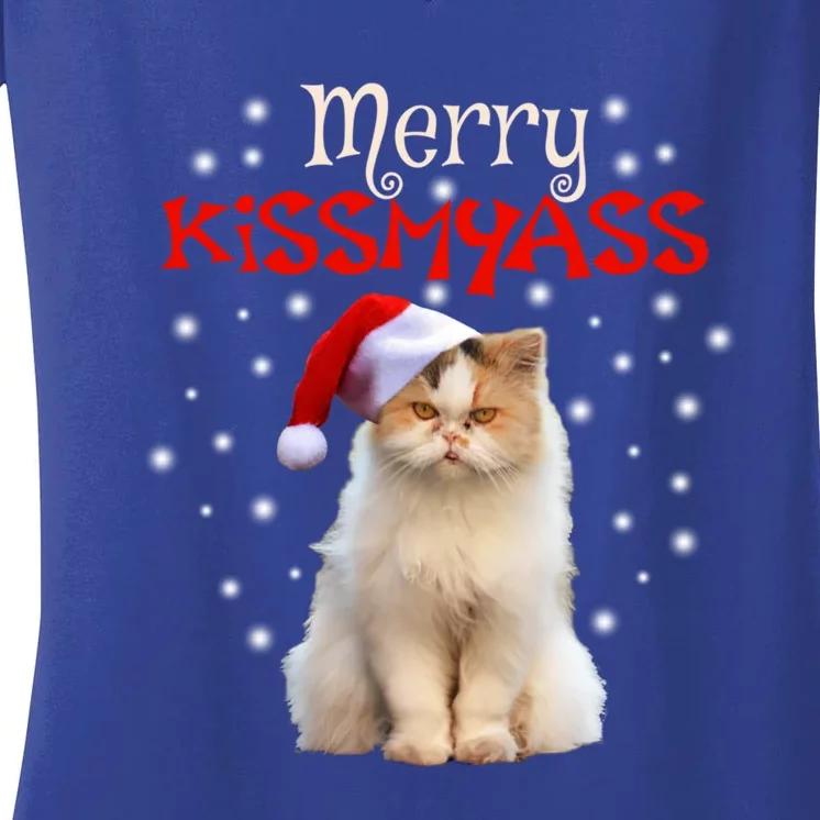 Merry Myass Cagift Cute Cat With Christmas Santa Hat Cute Gift Women's V-Neck T-Shirt