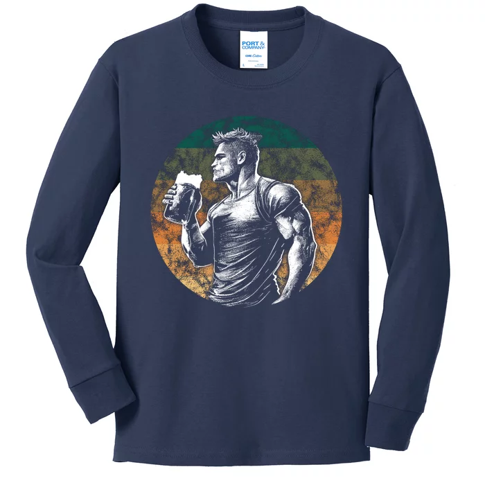 Muscular Man Drinking Beer Kids Long Sleeve Shirt