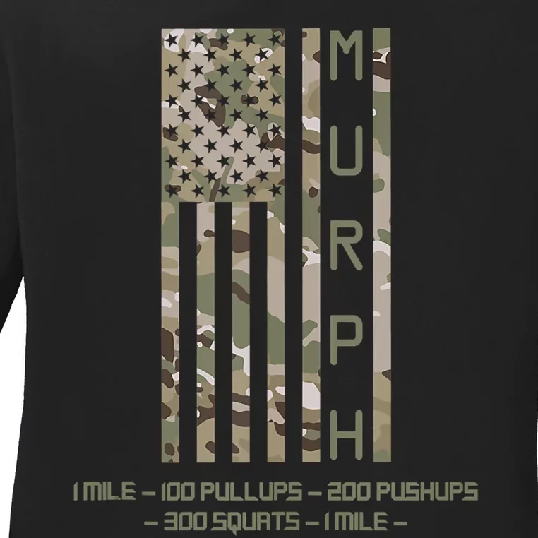 Murph Memorial Day Workout WOD Cam Multi Camo Flag Vertical Ladies Long Sleeve Shirt