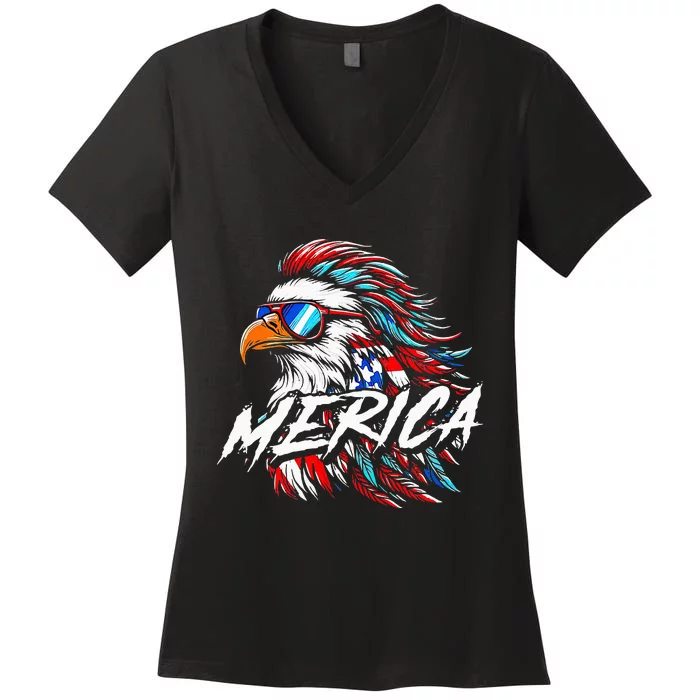 Merica Mullet Eagle Funny 4th Of July Women's V-Neck T-Shirt