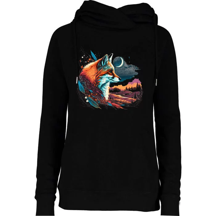 Majestic Moon Fox Womens Funnel Neck Pullover Hood