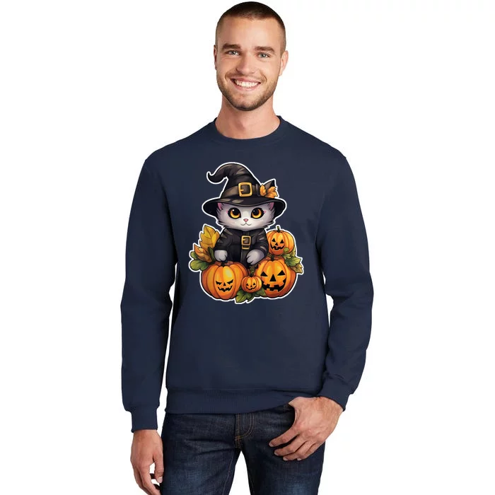 Moonlit Mischief Feline Sorcery Amidst Pumpkins Tall Sweatshirt