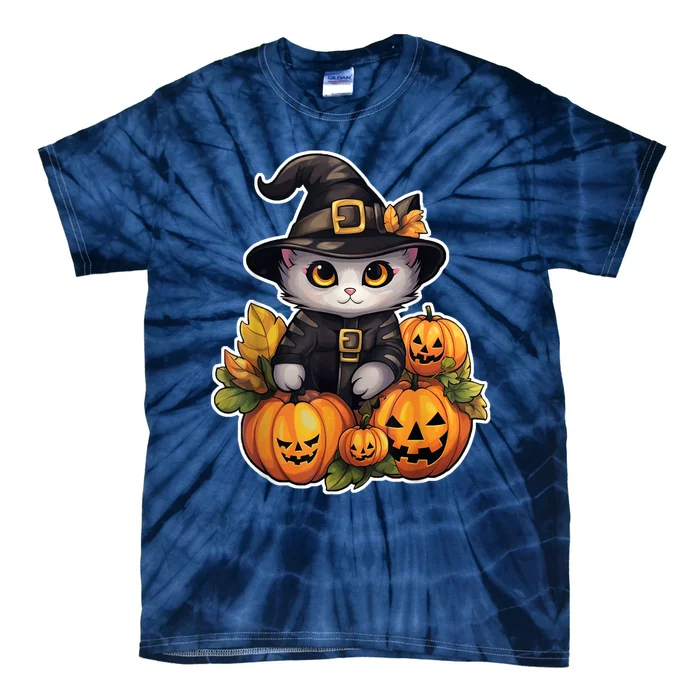 Moonlit Mischief Feline Sorcery Amidst Pumpkins Tie-Dye T-Shirt