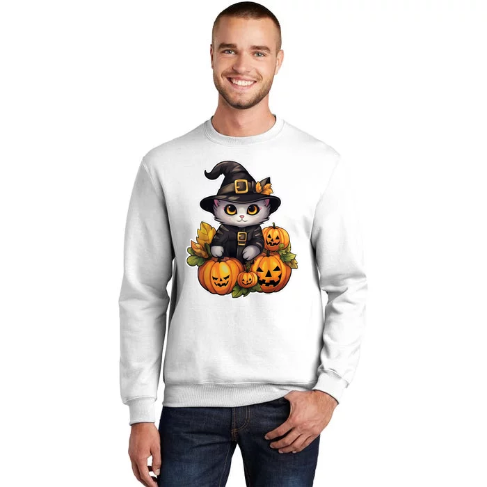 Moonlit Mischief Feline Sorcery Amidst Pumpkins Sweatshirt