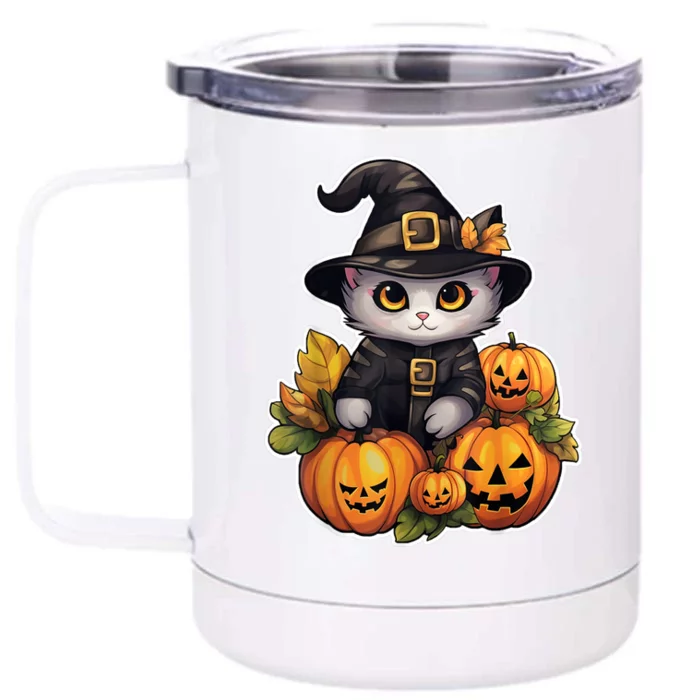 Moonlit Mischief Feline Sorcery Amidst Pumpkins Front & Back 12oz Stainless Steel Tumbler Cup