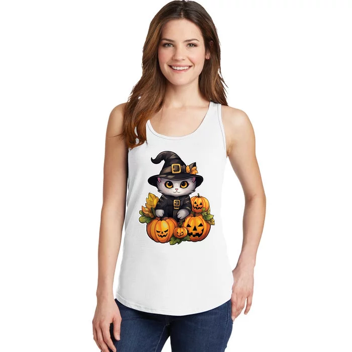 Moonlit Mischief Feline Sorcery Amidst Pumpkins Ladies Essential Tank