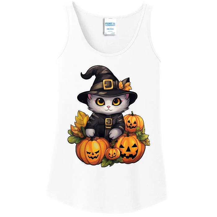 Moonlit Mischief Feline Sorcery Amidst Pumpkins Ladies Essential Tank