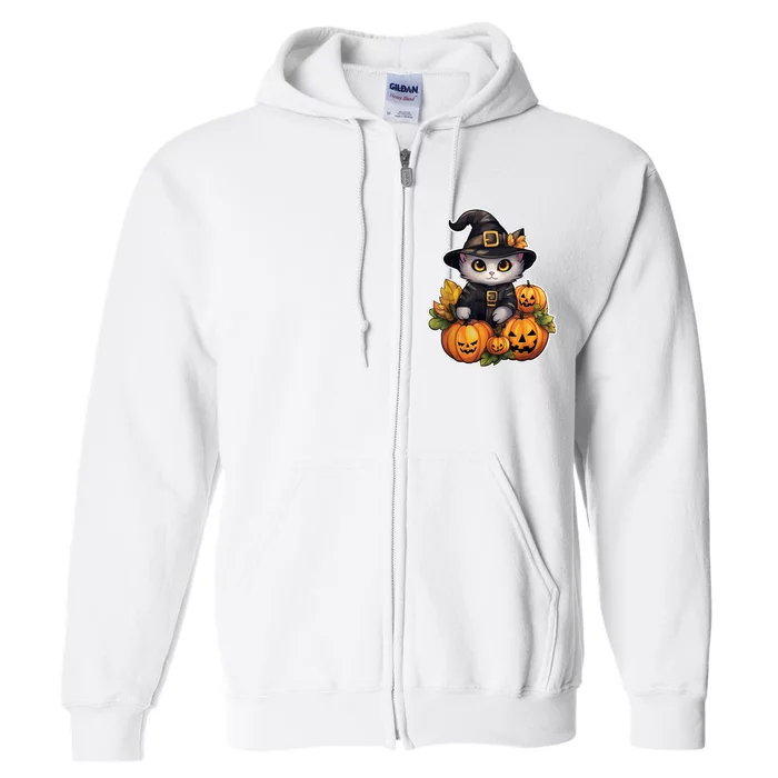 Moonlit Mischief Feline Sorcery Amidst Pumpkins Full Zip Hoodie