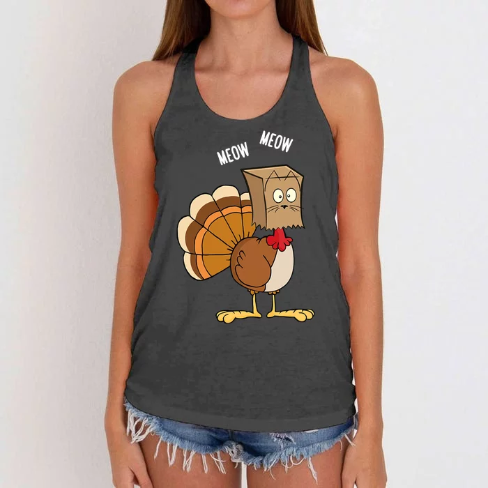 Meow Meow Funny Turkey Thanksgiving Women's Knotted Racerback Tank