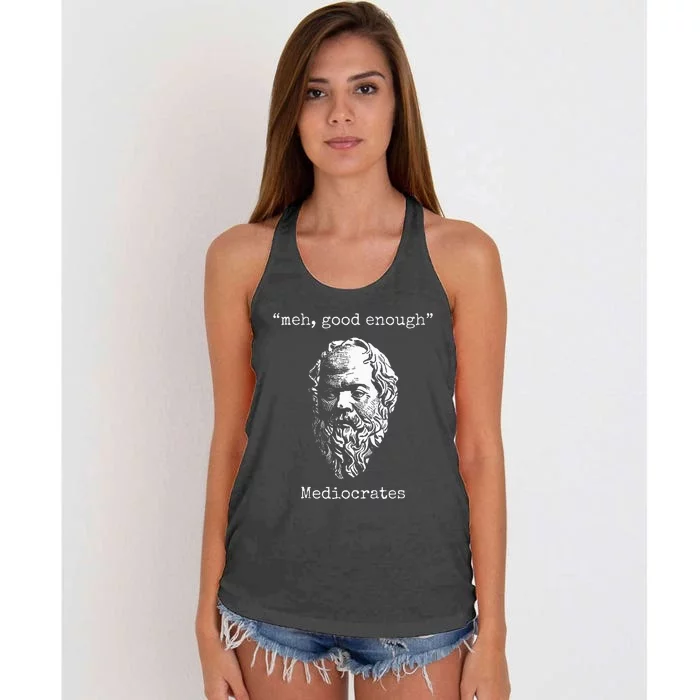 Mediocrates Meh Good Enough Lazy Logic Sloth Wisdom Women's Knotted Racerback Tank