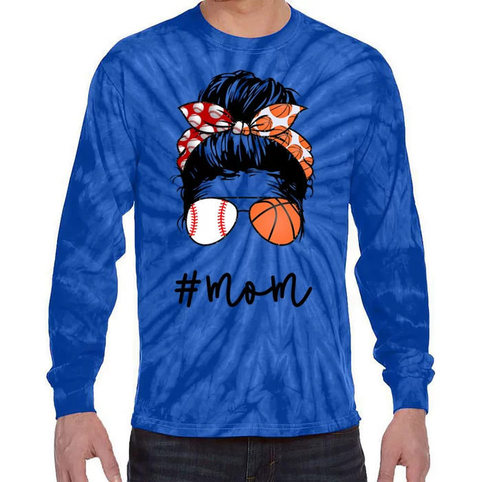 Mom Messy Hair Bun Glasses Baseball Softball Basketball Life Meaningful Gift Tie-Dye Long Sleeve Shirt