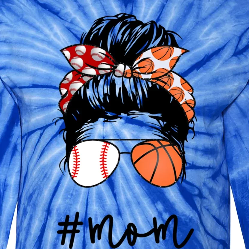 Mom Messy Hair Bun Glasses Baseball Softball Basketball Life Meaningful Gift Tie-Dye Long Sleeve Shirt