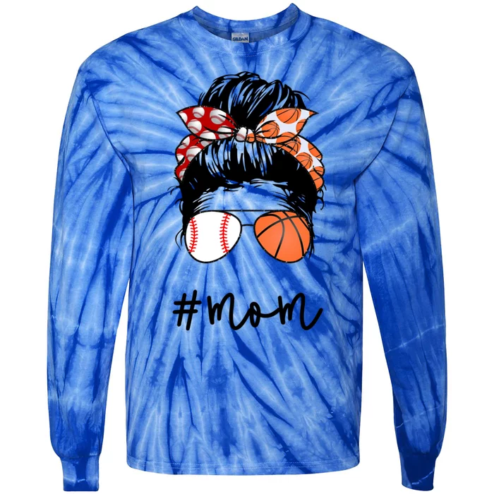 Mom Messy Hair Bun Glasses Baseball Softball Basketball Life Meaningful Gift Tie-Dye Long Sleeve Shirt