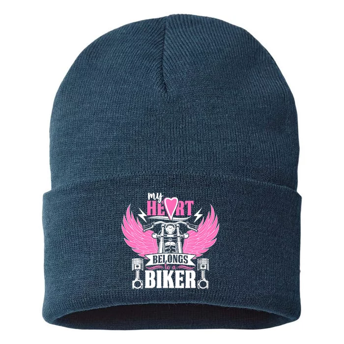 Motorcycle My Heart Belongs To A Biker Girlfriend Wife Sustainable Knit Beanie