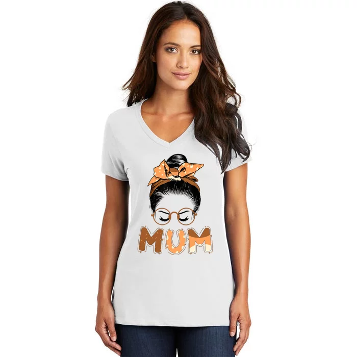 Mum Messy Hair Bun Glasses Mothers Day Women's V-Neck T-Shirt