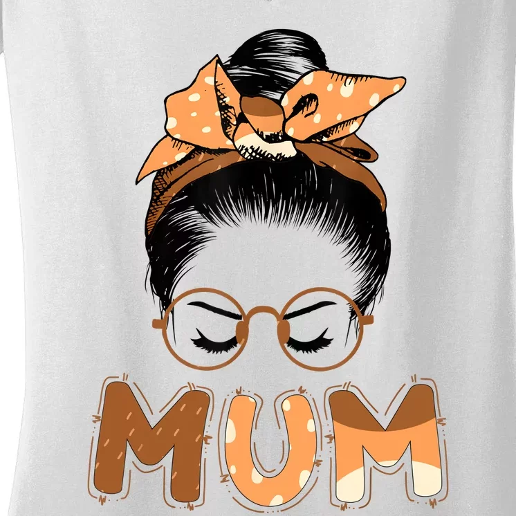 Mum Messy Hair Bun Glasses Mothers Day Women's V-Neck T-Shirt