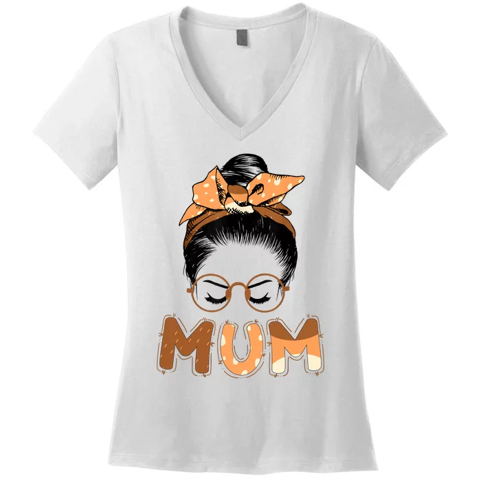 Mum Messy Hair Bun Glasses Mothers Day Women's V-Neck T-Shirt