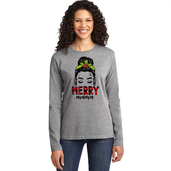 Merry Mama Hair Bun Festive Christmas Ladies Long Sleeve Shirt