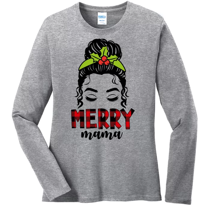 Merry Mama Hair Bun Festive Christmas Ladies Long Sleeve Shirt