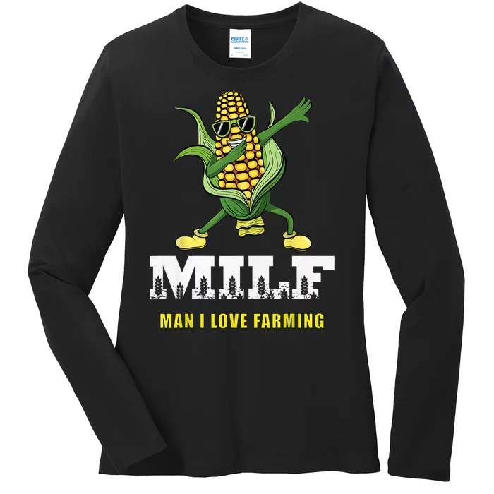 MILF Man I Love Farming Dabbing Corn Design Ladies Long Sleeve Shirt