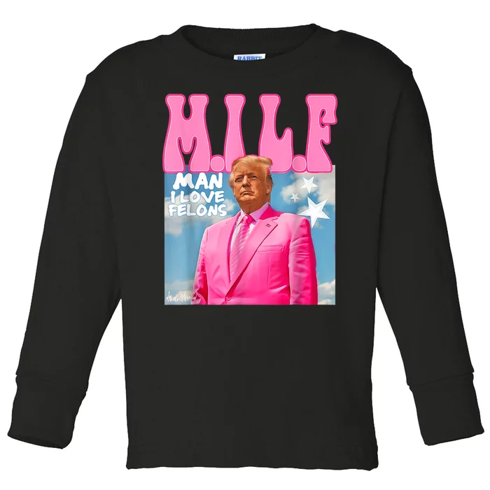 M.I.L.F Man I Love Felons Funny Trump 2024 Election Toddler Long Sleeve Shirt