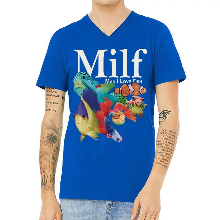 Milf Man I Love Fish Funny V-Neck T-Shirt