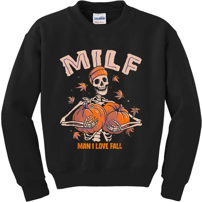 MILF Man I Love Fall Funny Spooky Skeleton Pumpkin Halloween Kids Sweatshirt