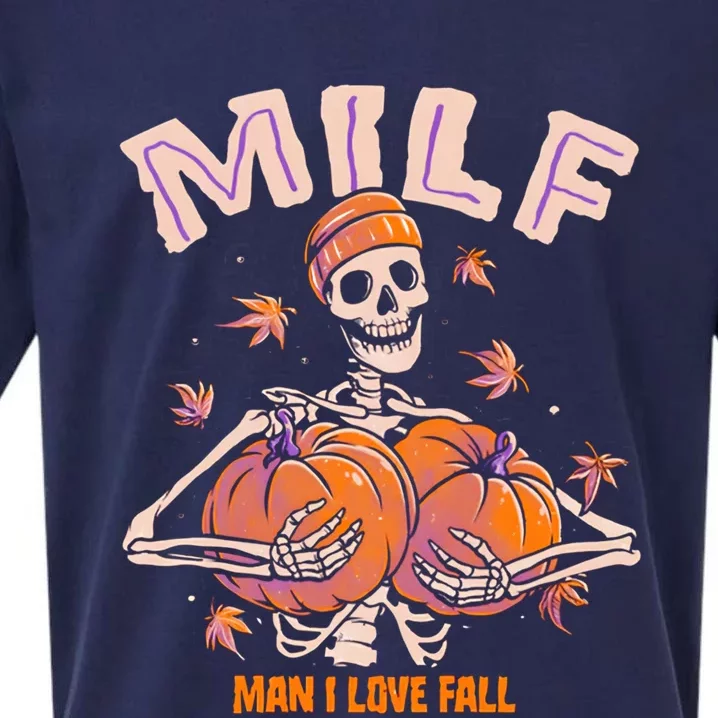 MILF Man I Love Fall Funny Skeleton Pumpkin Halloween Sueded Cloud Jersey T-Shirt