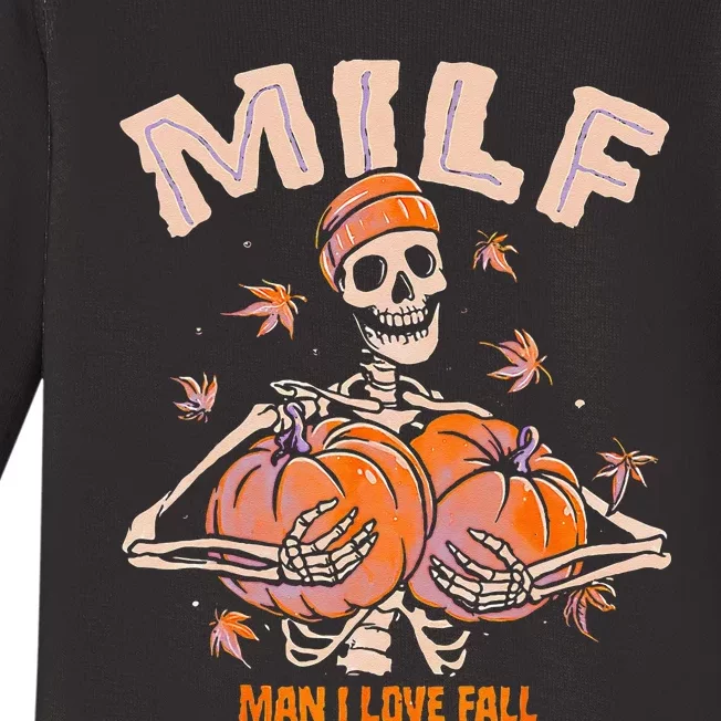 MILF Man I Love Fall Funny Spooky Skeleton Pumpkin Halloween Baby Long Sleeve Bodysuit