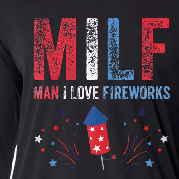 MILF Man I Love Fireworks Funny American 4th Of July Men Cooling Performance Long Sleeve Crew