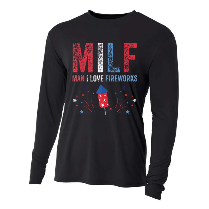 MILF Man I Love Fireworks Funny American 4th Of July Men Cooling Performance Long Sleeve Crew