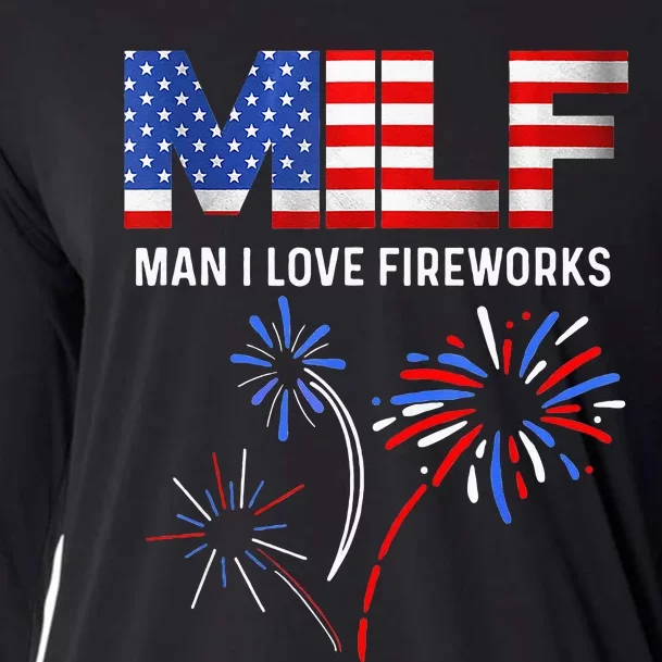 MILF Man I Love Fireworks Funny American Patriotic July 4th Cooling Performance Long Sleeve Crew