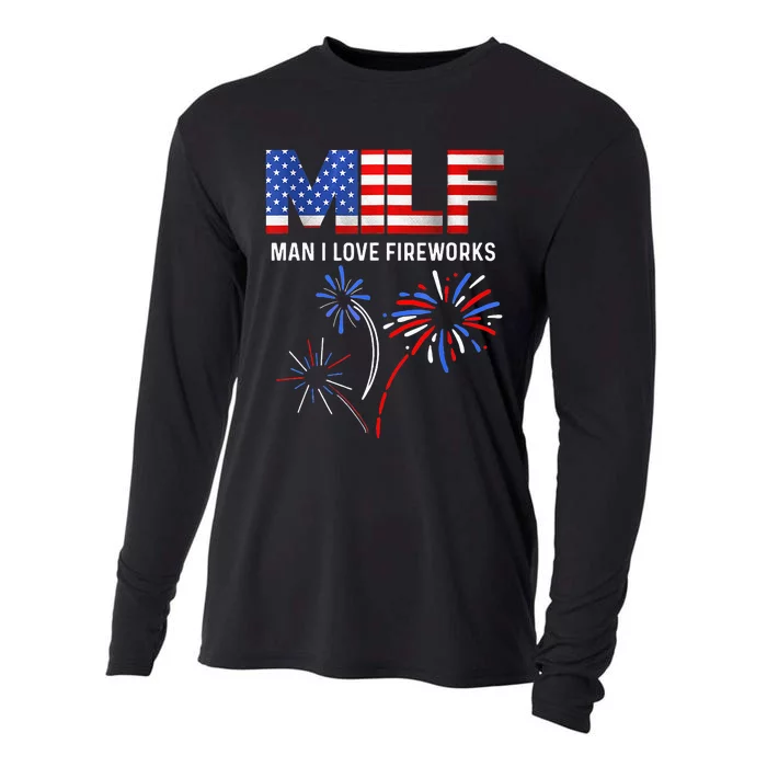 MILF Man I Love Fireworks Funny American Patriotic July 4th Cooling Performance Long Sleeve Crew