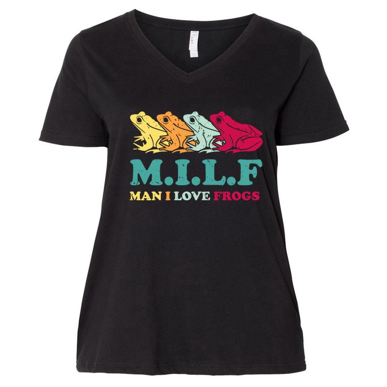 Milf Man I Love Frogs Retro Colorful Women's V-Neck Plus Size T-Shirt